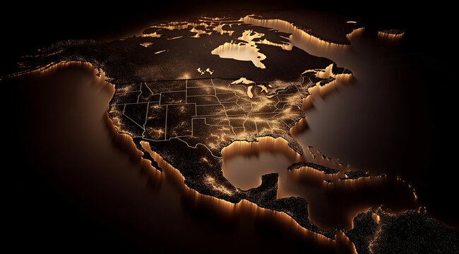A detailed illuminated map of North America showcasing geographical features for travel enthusiasts and explorers.