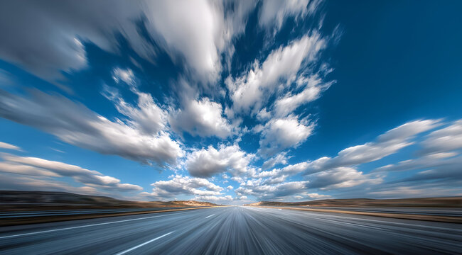 Fototapeta A dramatic sky filled with clouds above a blurred road hinting at movement and freedom. Perfect for conveying travel and adventure.