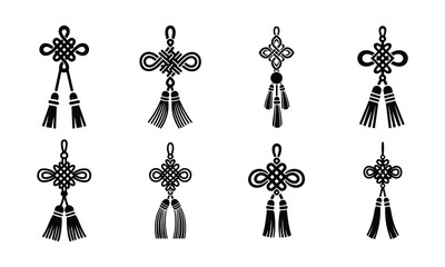 Black Chinese Knot and Tassel Icons Vector Set