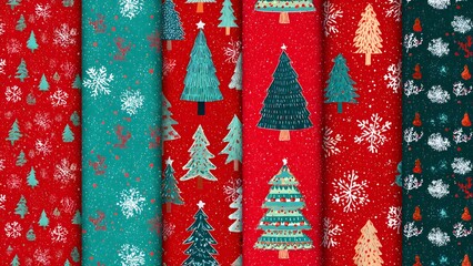 Seamless pattern background of Christmas trees and snowflakes on a red background, Christmas wrapping paper, Christmas pattern with ornaments.
