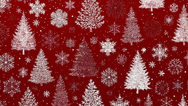 red christmas background, Seamless pattern background of Christmas trees and snowflakes on a red background, Christmas wrapping paper, Christmas pattern with ornaments.