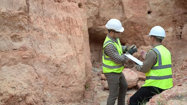Geologist surveying mine,Explorers collect soil samples to look for minerals, A geologist is a scientist who studies the Earth's physical structure and substances