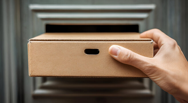 A close-up of a hand holding a delivery box, symbolizing convenience in shopping and modern delivery services.