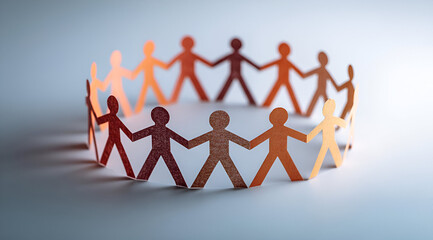 A circular chain of colorful paper figures representing unity, support, and togetherness, symbolizing community and cooperation.