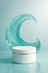 White cosmetic jar with dynamic water wave splash on turquoise background - clean skincare branding concept symbolizing hydration, purity and freshness