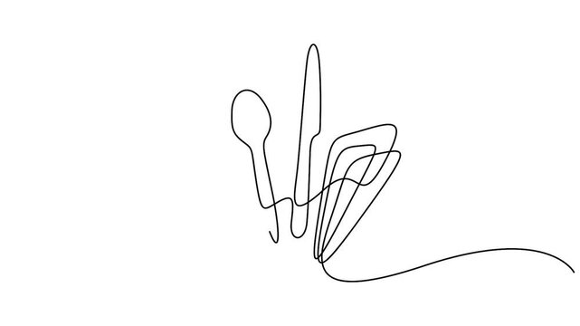 Self animated minimalist black and white illustration of a set of dining utensils and a napkin, drawn in a continuous single-line style. Full length single line art animation 