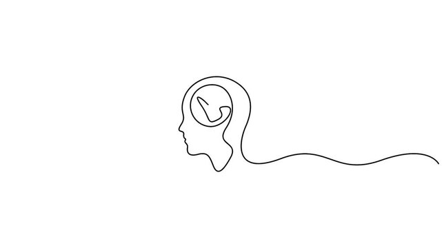 Human head with check mark icon single line animation. Positive thinking, decision making, and mental clarity symbol. Psychology, business, and productivity concepts