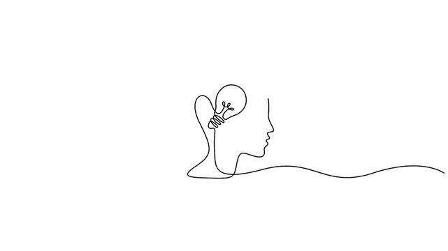 Self animated continuous line drawing of a human head with a light bulb inside, symbolizing creativity and innovation, perfect for design projects, branding, education, brainstorming, concept vector