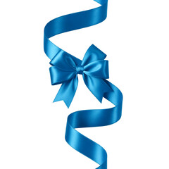 Blue satin ribbon bow with flowing isolated on white background