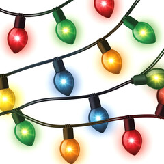 Colorful string light bulb garland isolated on white background