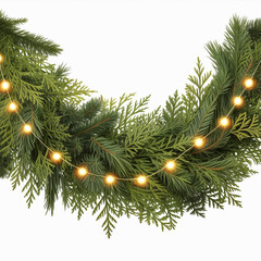 Close up of illuminated evergreen garland isolated on white background