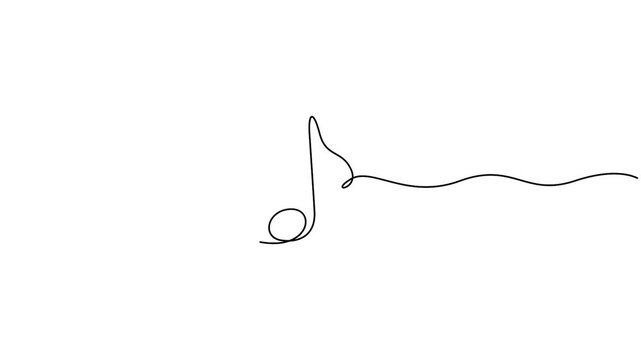 Self animated continuous one line drawing of a single musical note, specifically an eighth note or a quaver. Full length single line animation
