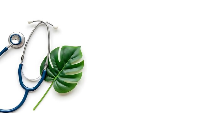 Wellness concept featuring stethoscope and lush monstera leaf for a calming, natural approach to modern healthcare and medical advancements on white - Powered by Adobe