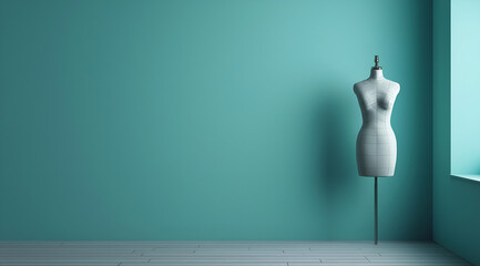 A chic mannequin stands elegantly in a turquoise room, showcasing a minimalist design and a serene atmosphere.