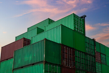 Fototapeta premium Container Export Logistic Crane Forklift Port Blue Sky Background Space Road Import Business Freight Logistic Transport Custom Industry Service Airplane Container Ship Truck Cargo Stack.