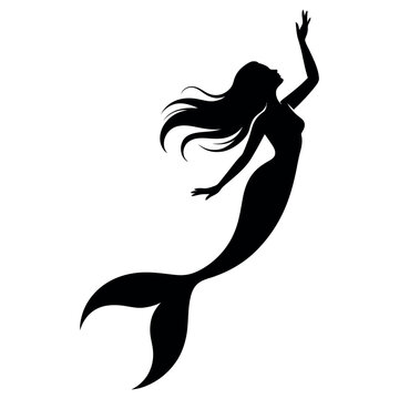 Elegant black silhouette of a mermaid with flowing hair reaching upwards