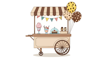 Sweet treats cart adorned with festive decorations and balloons, showcasing delicious desserts