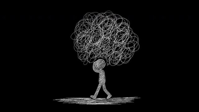 Mental overload concept - person with tangled thoughts looped animation with alpha channel. Cognitive overwhelm, mental health struggles, decision fatigue, or the weight of complex problems. Loop
