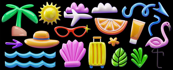Bright and glossy 3D vector illustration set with summer and vacation elements.Includes tropical palm tree,beach hat, sunglasses, airplane, suitcase,waves,clouds,sun,flamingo,leaves,citrus slice,star
