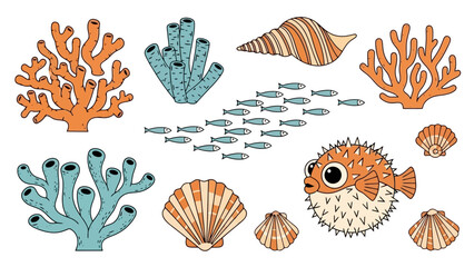 Underwater World Vector Illustrations of Marine Life, Corals, Fish, and Shells