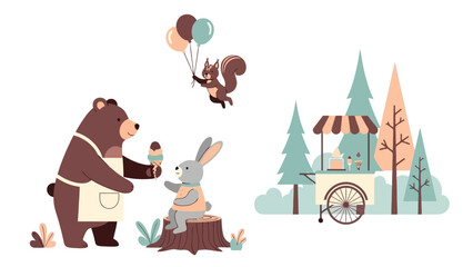 An enchanting illustration depicting a friendly bear serving a delightful ice cream cone to a joyful rabbit, complemented by a charming forest ice cream cart setup ready for more sweet treats