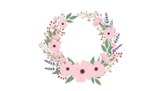 Pastel Floral Wreath with Pink Flowers and Delicate Foliage Illustration