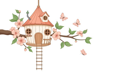 Whimsical Treehouse Illustration Charming Cottage on Branch with Blossoms and Butterflies
