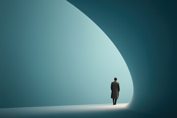 Pensive businessman stands at the entrance to a bright future, facing a new beginning with hope and anticipation in a teal surreal space