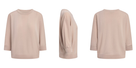 Beige three quarter sleeve sweater front side and back view