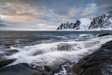 Rocky coast of Tungeneset, Devil's Teeth, Devil's Teeth, Okshornan, Steinfjorden, Senja Island, Norway