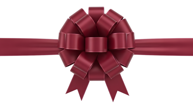Burgundy ribbon bow decoration for gift wrapping isolated on transparent background