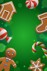 Festive Christmas background with gingerbread cookies, candy canes, holiday sweets around a bright green center space. For greeting cards, posters, invitations, and seasonal designs.