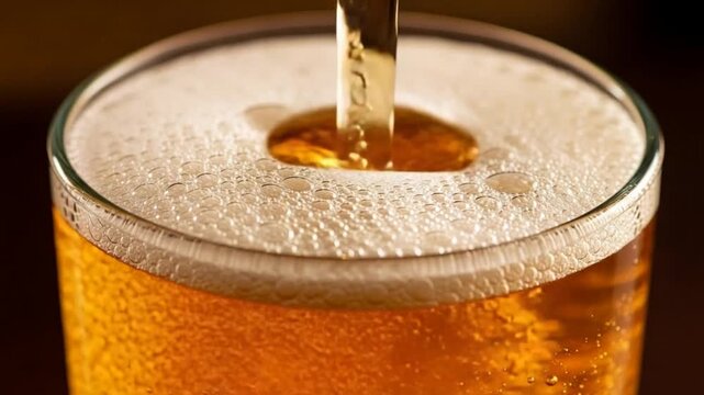 Golden Beer Poured Into Glass Creating Abundant Frothy White Head and Bubbles Close Up