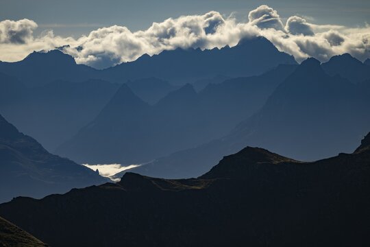 Blue hour over Montafon mountains with thunderclouds, Tschagguns, R&auml;tikon, Montafon, Vorarlberg, Austria