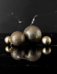 Elegant sparkling golden Christmas baubles with glitter reflecting on a polished black marble surface for a luxurious holiday season