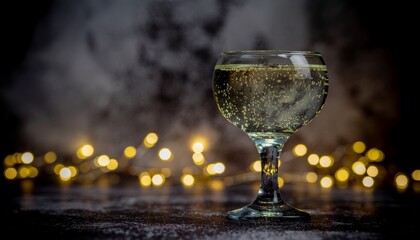 An elegant glass of bubbly sparkling wine poised for celebration against a dark, moody background with glowing golden bokeh lights