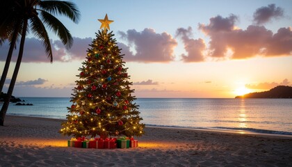 Celebrating a tropical Christmas holiday with a glowing, decorated tree and gifts on the sand by the sea during a vibrant sunset