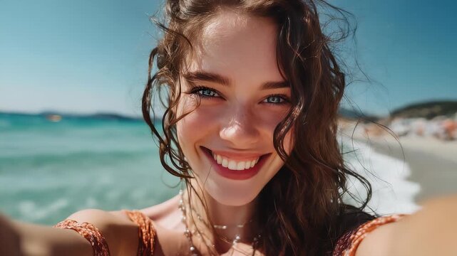 closeup shot of a good looking female tourist. Enjoy free time outdoors near the sea on the beach. Looking at the camera while relaxing on a clear day Poses for travel selfies smiling happy tropical