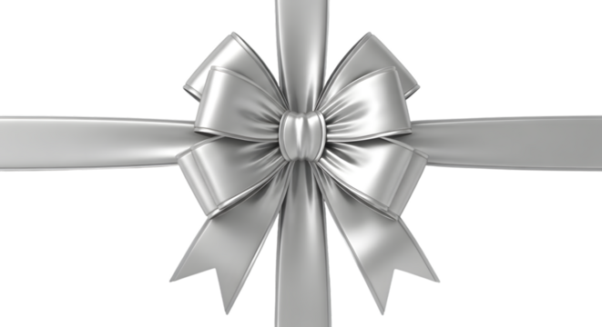 Elegant silver ribbon bow and cross ribbons isolated on transparent background