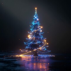 A luminous and futuristic Christmas tree shimmering with magical blue and gold light particles against a dark background for a festive holiday concept