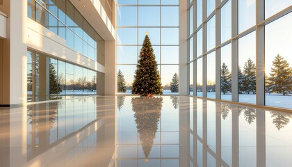 A decorated Christmas tree standing in the spacious hall of a modern business center with panoramic windows and a reflection on the glossy floor