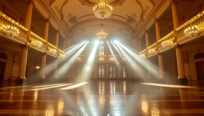 Beams of light from stage lights illuminate the polished parquet floor of a luxurious, empty classical ballroom