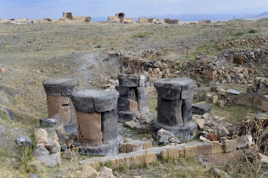 Columns of the Zoroastrian Fire temple, Ani Archaeological site, Kars, Turkey