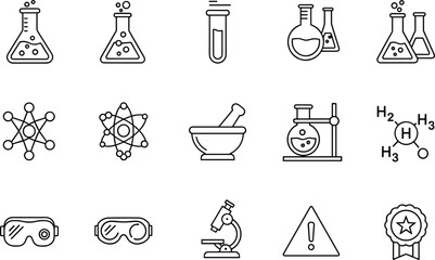 Science and Laboratory Icon Set Featuring Flasks, Molecules, Safety Gear, Microscope, Chemical Structures, and Warning Symbols in Line Style