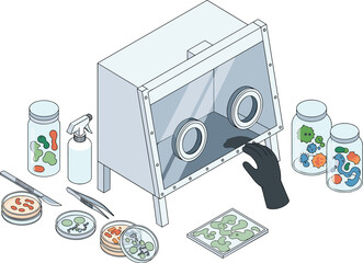 Sterile Laboratory Setup for Microbial Research Featuring Biosafety Cabinet, Petri Dishes, Disinfectants, and Precision Tools in Controlled Environment
