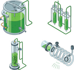 Algae Cultivation and Processing Systems Featuring Bioreactors, Photobioreactors, Test Tubes, and Cooling Apparatus with Green Tubing Integration