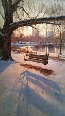 Snowy Park Scene With Swing At Sunset
