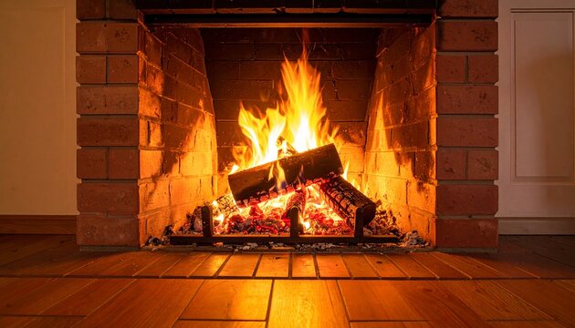 A warm and cosy Christmas fireplace scene featuring glowing flames and burning firewood inside a rustic brick hearth.