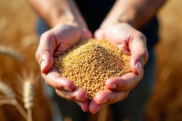 Hands holding mustard, millet or quinoa seeds showing agricultural grain harvest. Close-up of golden organic seeds representing farming, crop cultivation and natural food production.