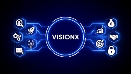 Vision X central circle with surrounding business and technology icons on a dark blue digital background